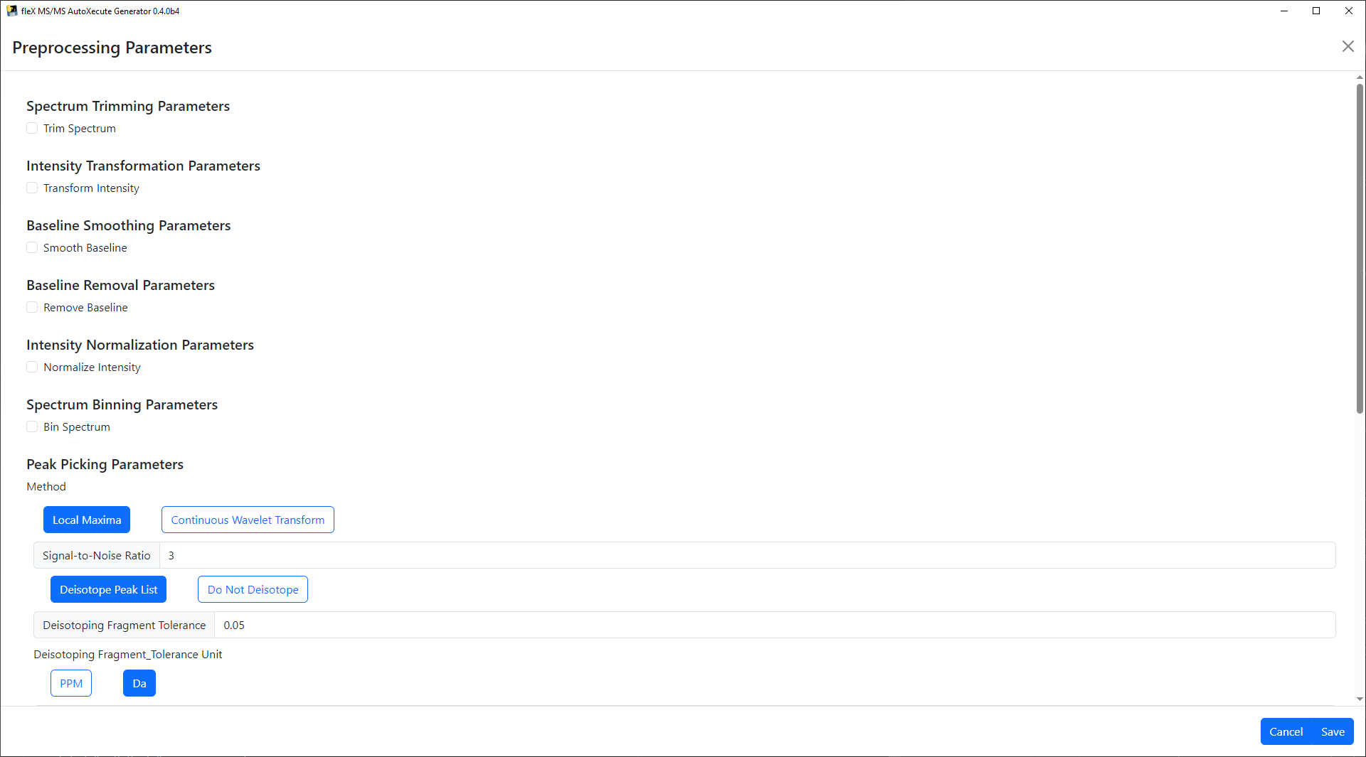 Edit Preprocessing Parameters Window