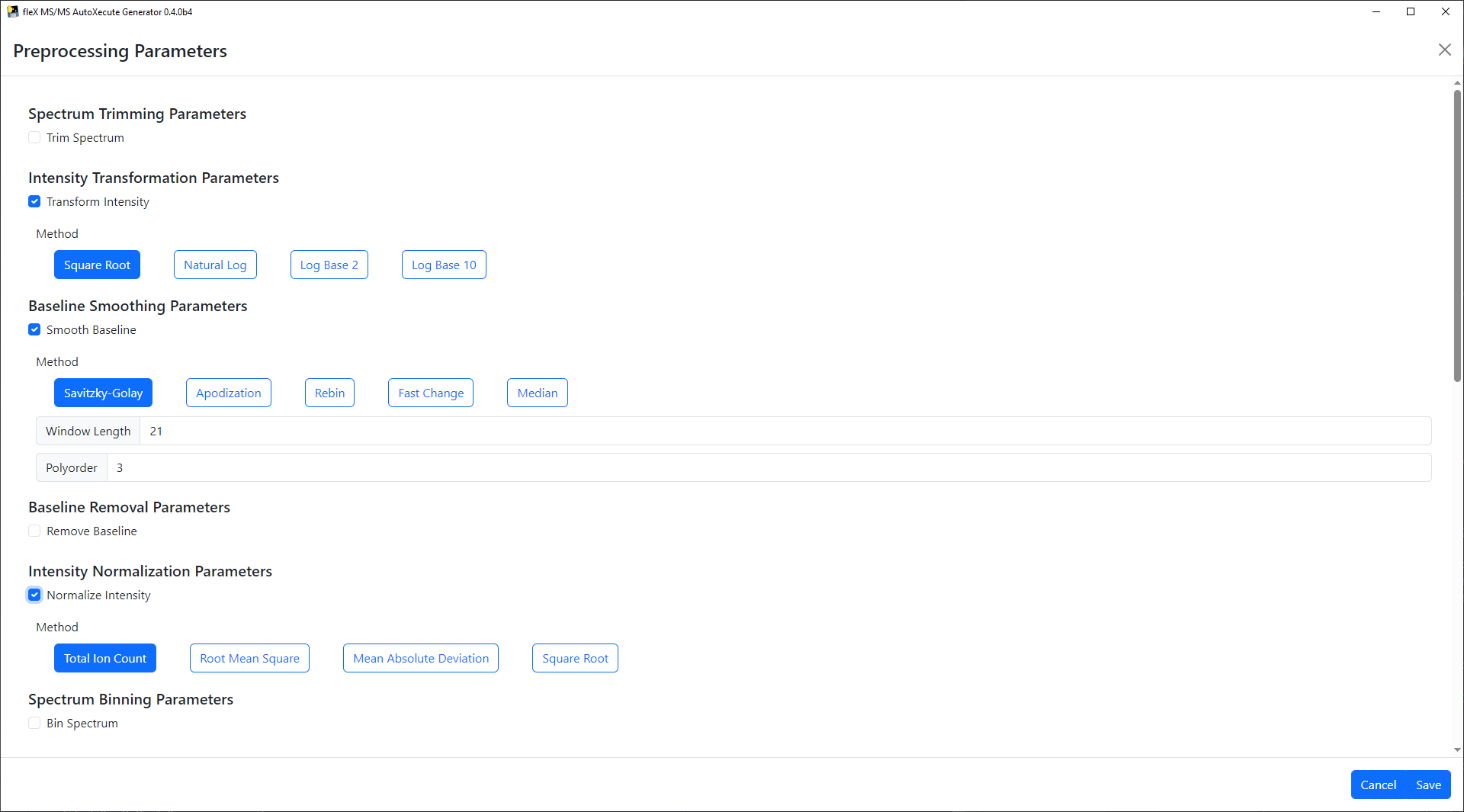 Edit Preprocessing Parameters Window